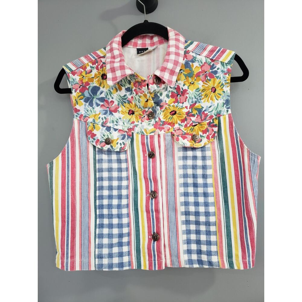 Vintage 80s 90s Y2K Hang Ten Denim‎ Womens Sunflower Vest garden cottagecore mod